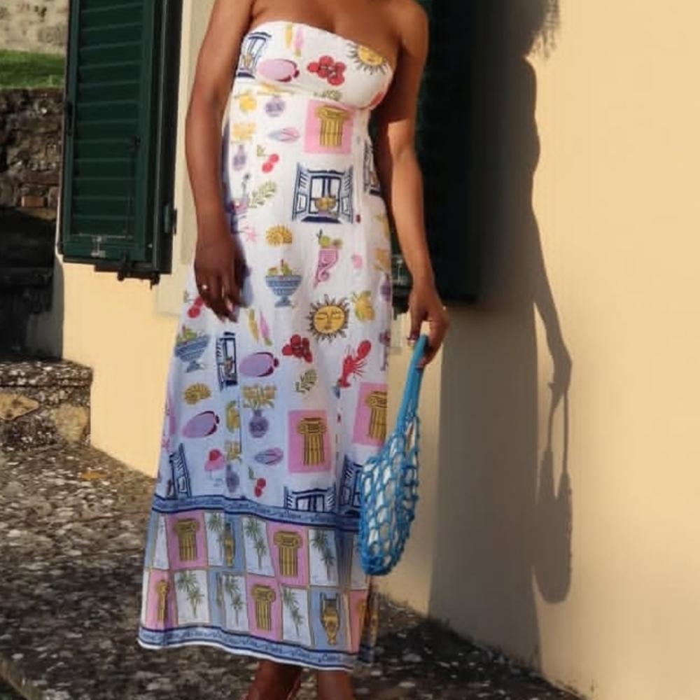 NWT Japna Linen Blend Strapless Maxi Dress, XL, White Multi - Picture 8 of 10